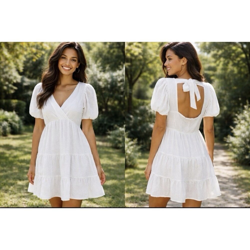 Quiz White Short Puff Sleeve Puckered Seersucker White Dress 10 Washable NEW